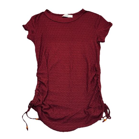 FREE PEOPLE BEACH BURGANDY COVERUP DRESS TUNIC RUCHED BEADED TIES BOHO BEACH L - Picture 1 of 5